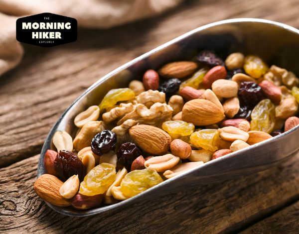 Mixed nuts and dried fruit for salty snack while hiking