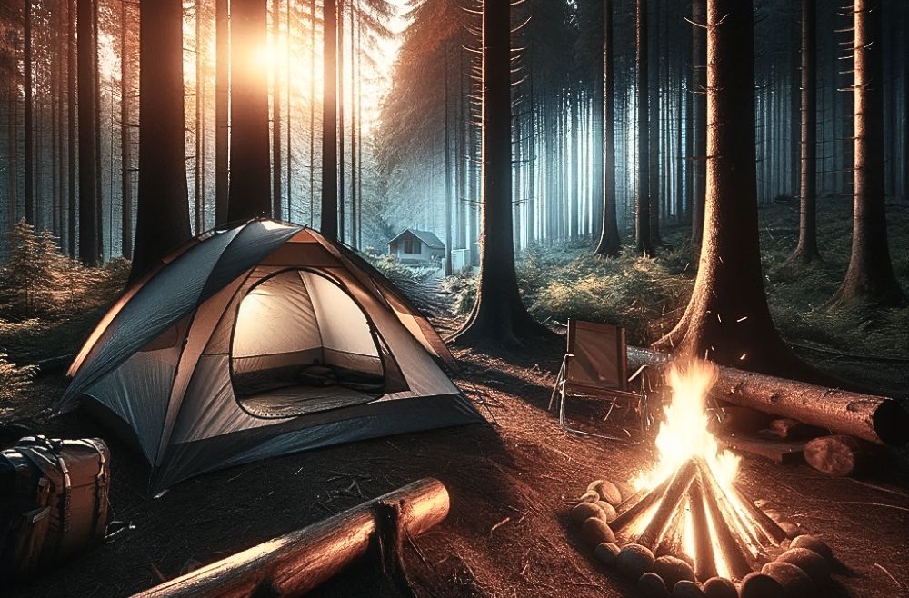 A 2 man hiking tent in the woods at night