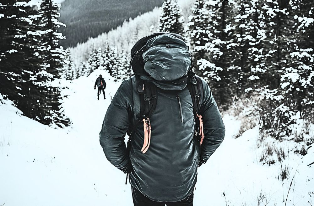 Man backpacking in winter