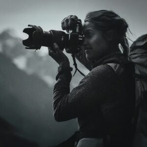 Woman taking pictures while backpacking